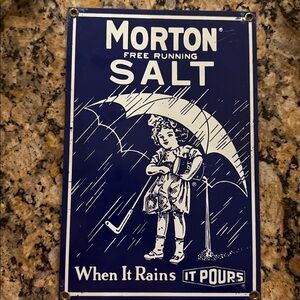 Vintage 1980's Morton Salt Metal Enamel Sign "When It Rains It Pours" 8" X 12"